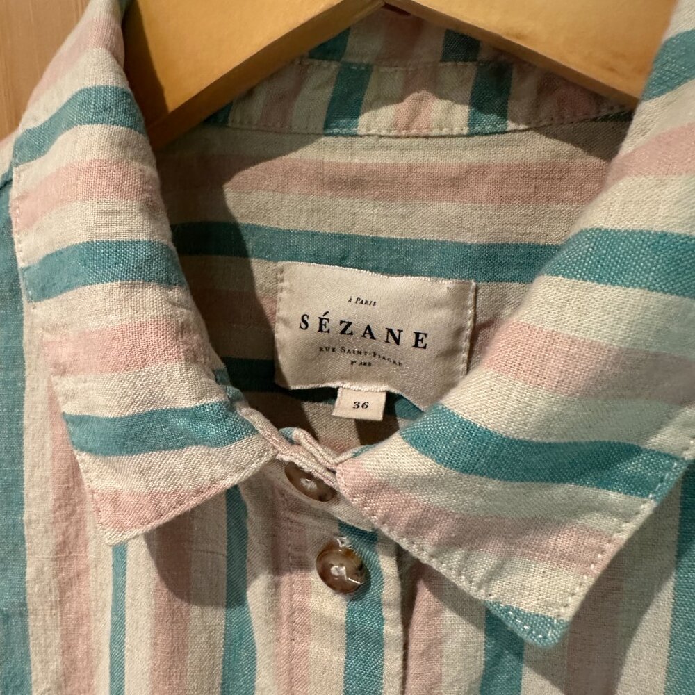 Sezane Tomboy Shirt Two-tone Aqua Stripes - Size 4 - Picture 3 of 3